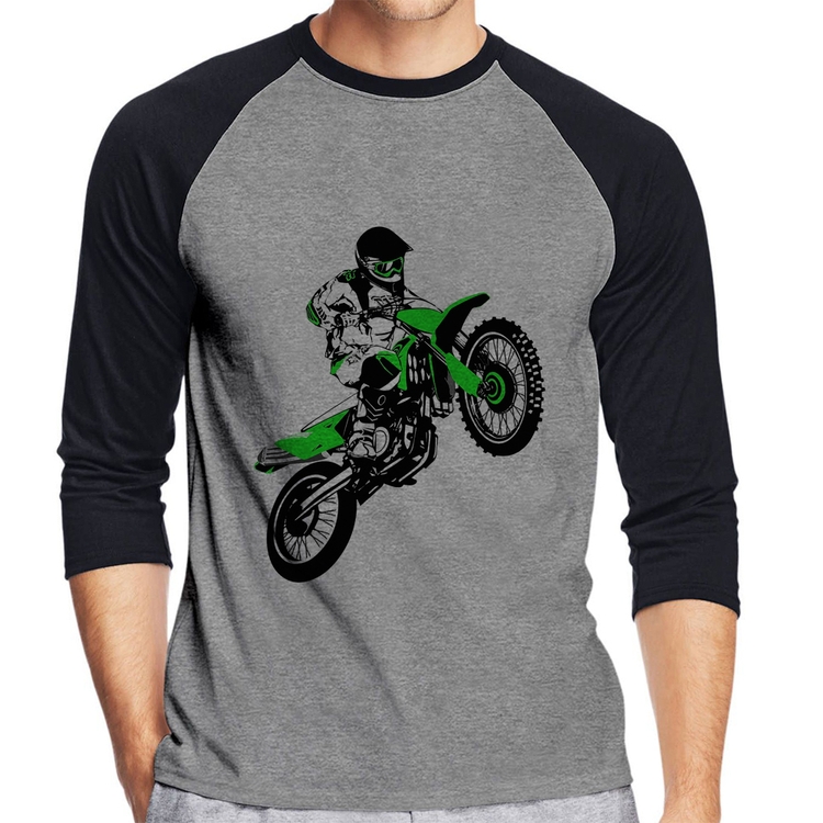 Camiseta Raglan Motocross Jump Verde Manga 3/4 - Cinza/Preto