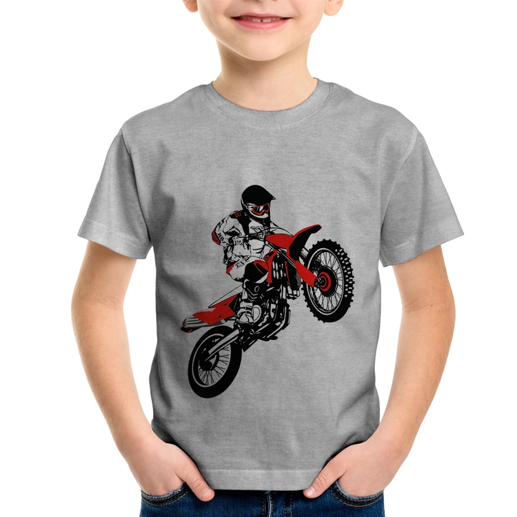 Camiseta Infantil Motocross Jump Vermelha - Cinza