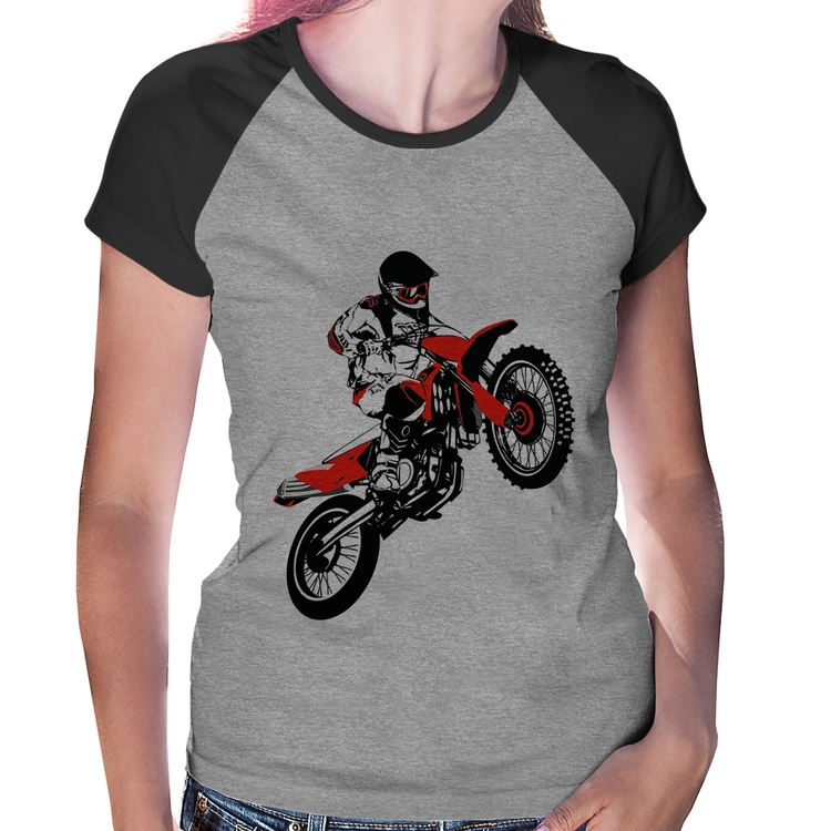 Baby Look Raglan Motocross Jump Vermelha - Cinza/Preto