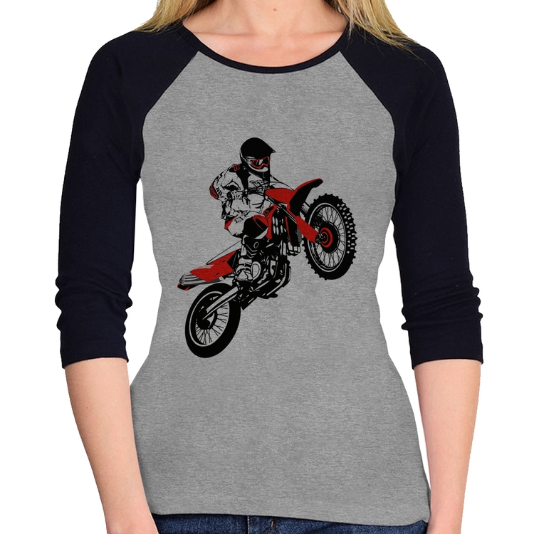 Baby Look Raglan Motocross Jump Vermelha Manga 3/4 - Cinza/Preto