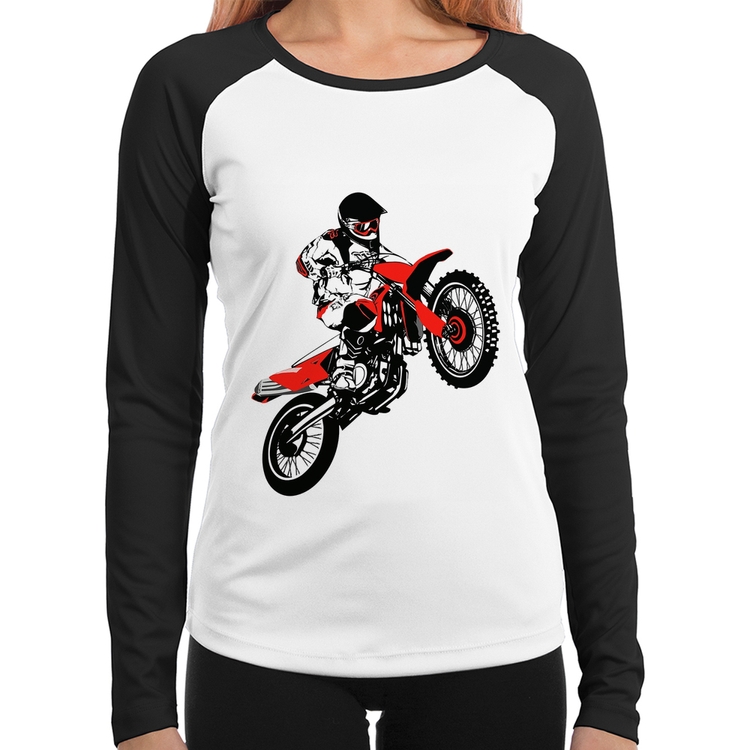 Baby Look Raglan Motocross Jump Vermelha Manga Longa