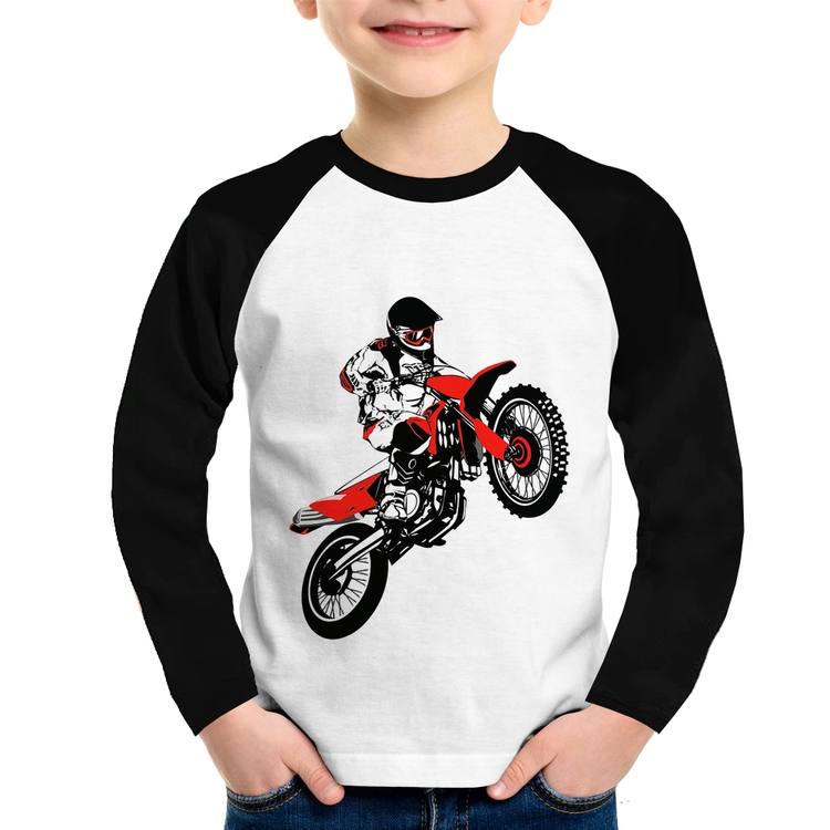 Camiseta Raglan Infantil Motocross Jump Vermelha Manga Longa