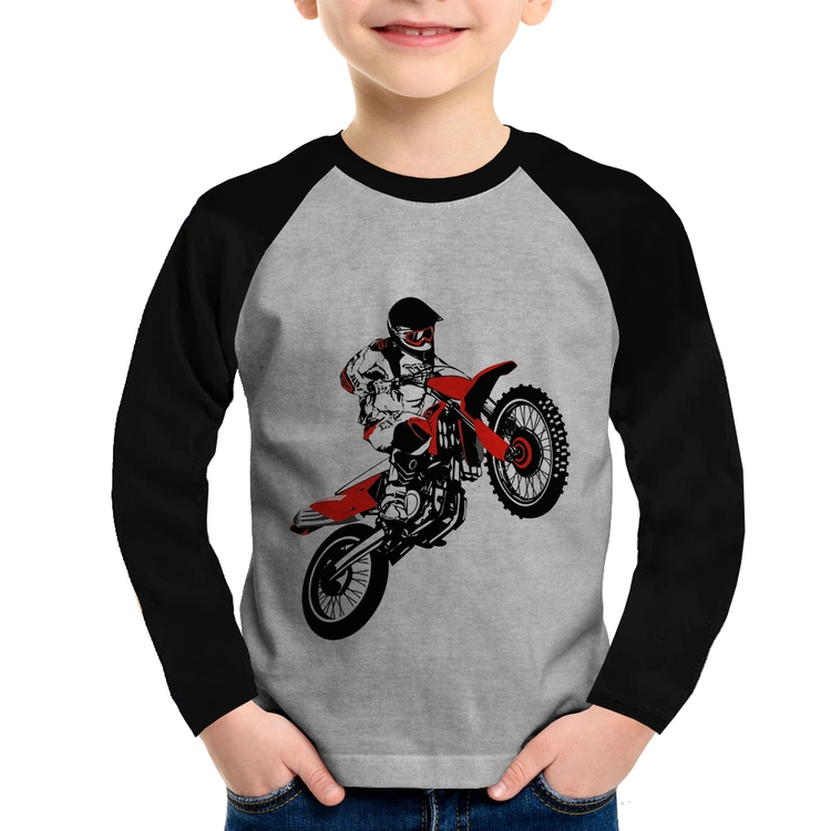Camiseta Raglan Infantil Motocross Jump Vermelha Manga Longa - Cinza/Preto