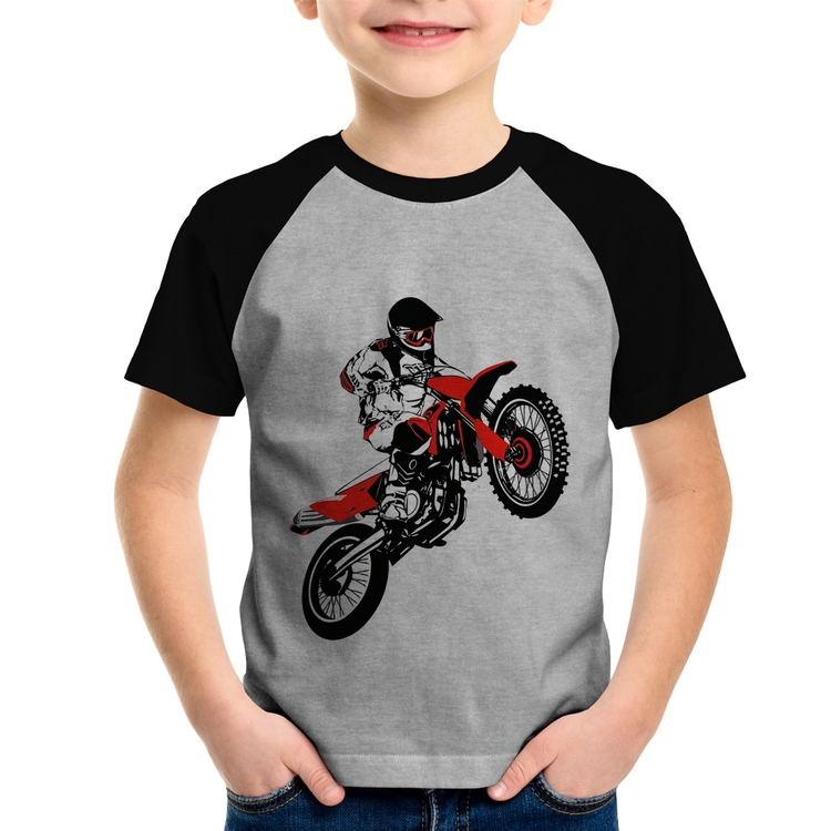 Camiseta Raglan Infantil Motocross Jump Vermelha - Cinza/Preto