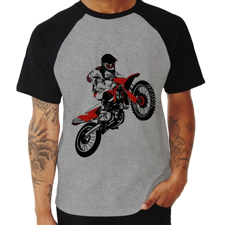 Camiseta Raglan Motocross Jump Vermelha - Cinza/Preto