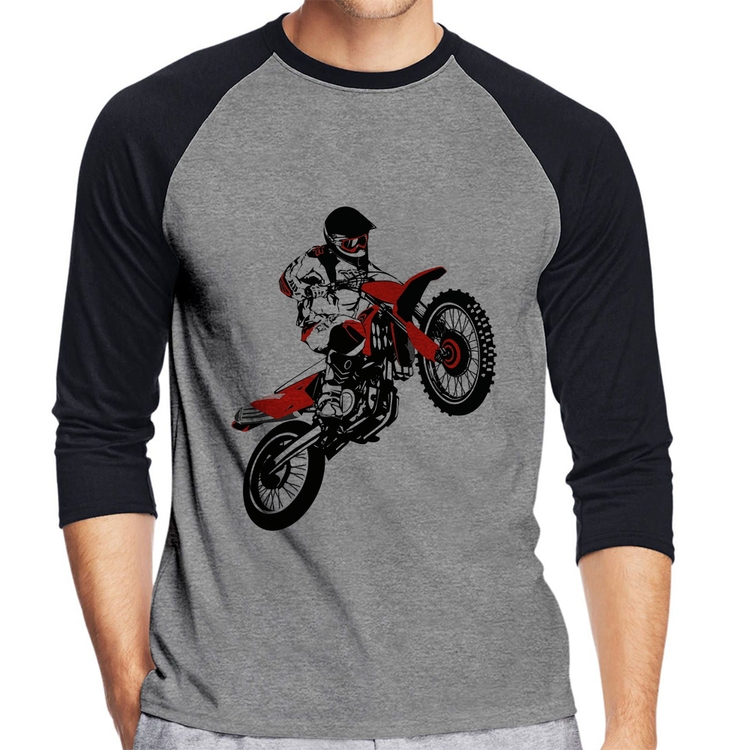 Camiseta Raglan Motocross Jump Vermelha Manga 3/4 - Cinza/Preto