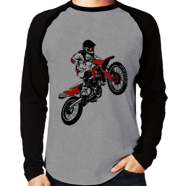 Camiseta Raglan Motocross Jump Vermelha Manga Longa - Cinza/Preto