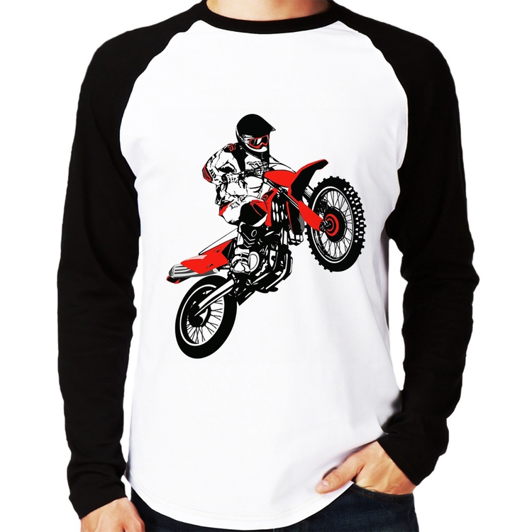 Camiseta Raglan Motocross Jump Vermelha Manga Longa