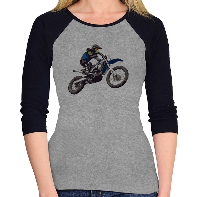Baby Look Raglan Motocross Manobra Freestyle Manga 3/4 - Cinza/Preto