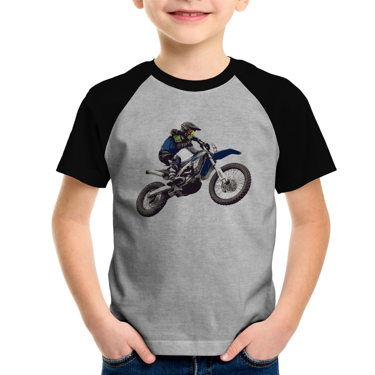Camiseta Raglan Infantil Motocross Manobra Freestyle - Cinza/Preto