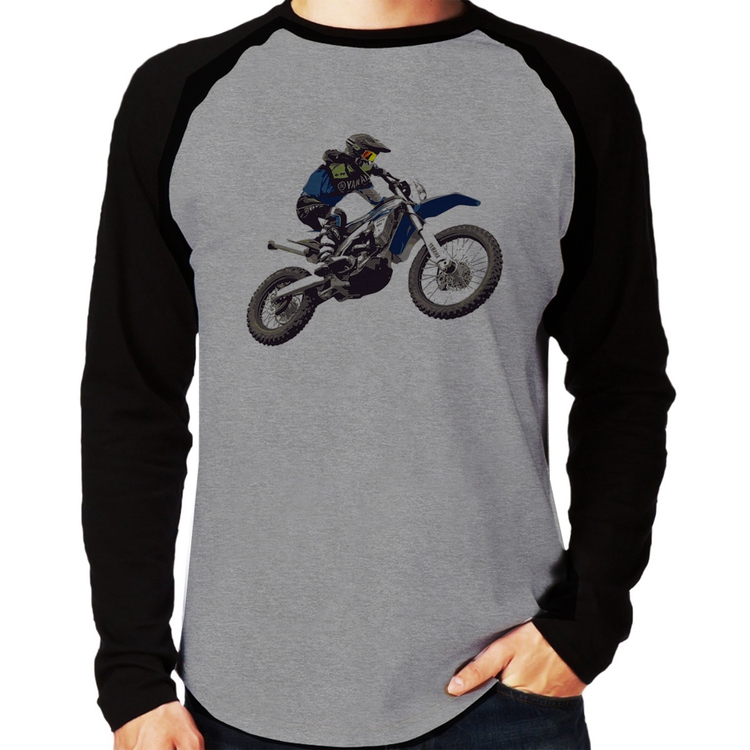 Camiseta Raglan Motocross Manobra Freestyle Manga Longa - Cinza/Preto