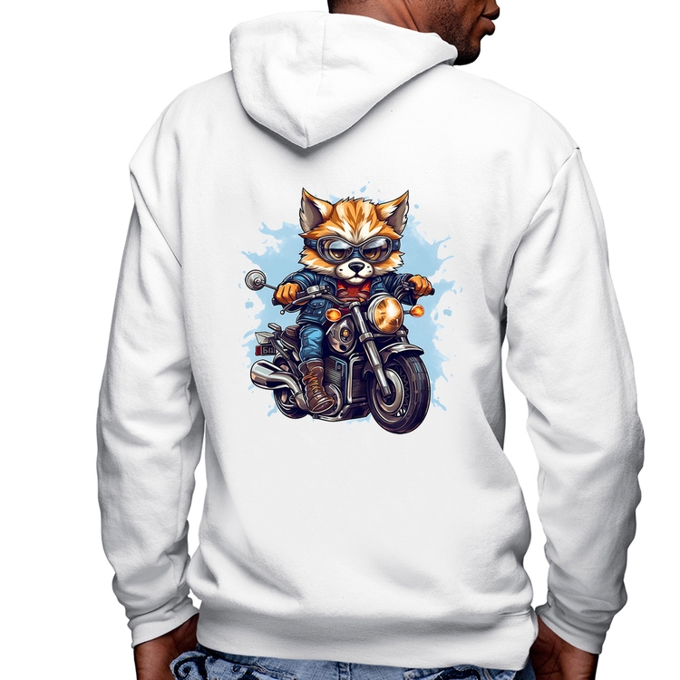 Blusa Moletom Motoqueiro Raposa Masculina com Capuz e Zíper - Branca