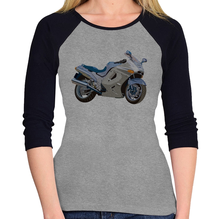Baby Look Raglan Motorcycle Manga 3/4 - Cinza/Preto