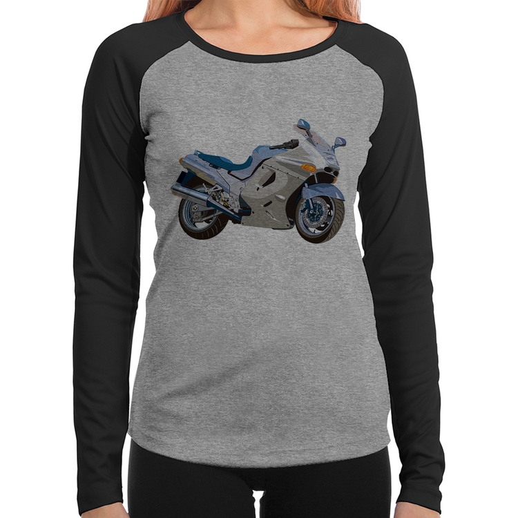 Baby Look Raglan Motorcycle Manga Longa - Cinza/Preto