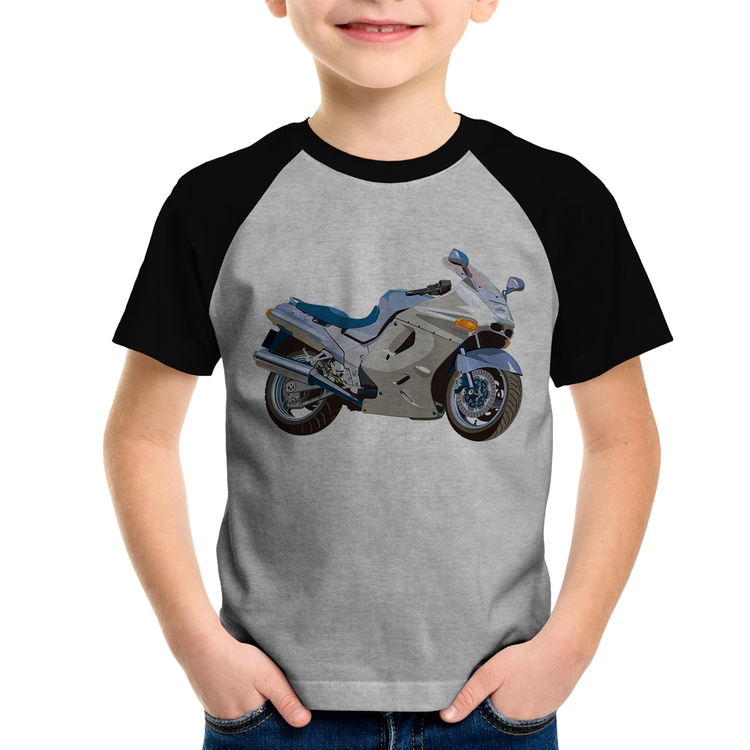 Camiseta Raglan Infantil Motorcycle - Cinza/Preto