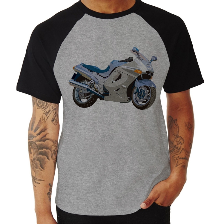Camiseta Raglan Motorcycle - Cinza/Preto