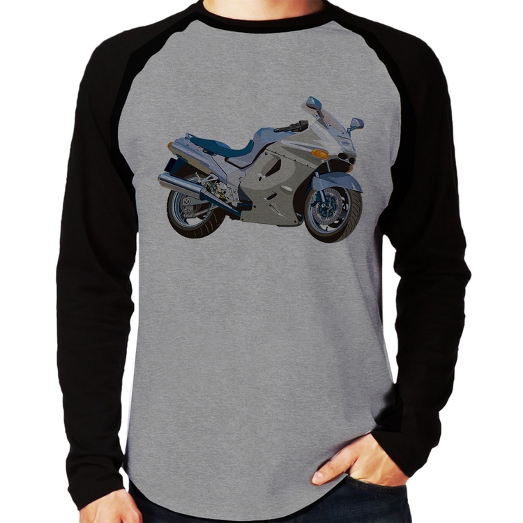Camiseta Raglan Motorcycle Manga Longa - Cinza/Preto