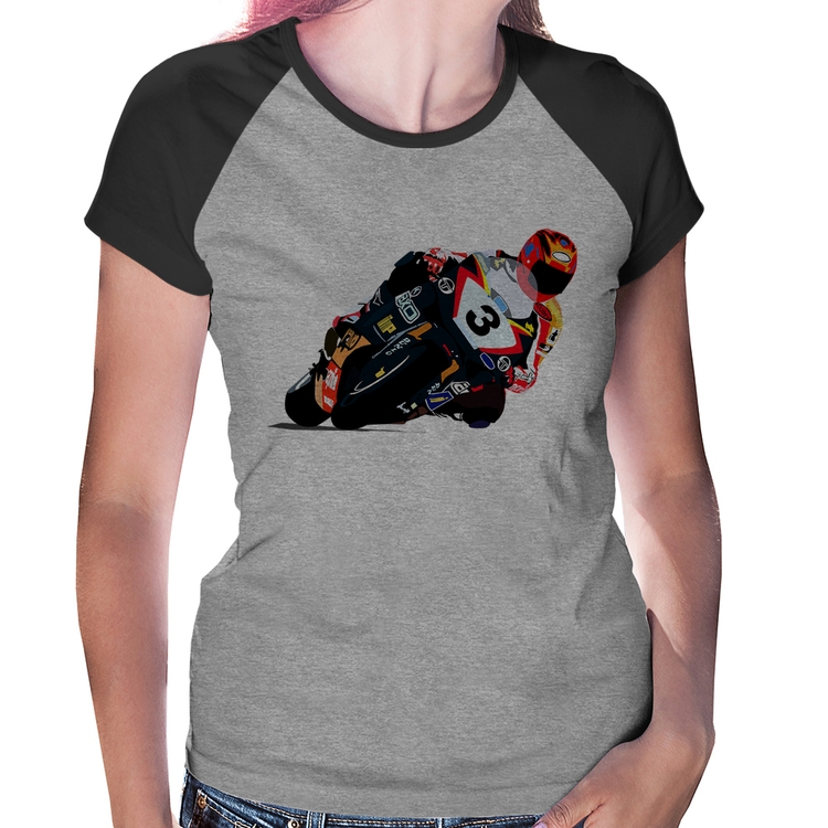 Baby Look Raglan Motorcycle Racing - Cinza/Preto