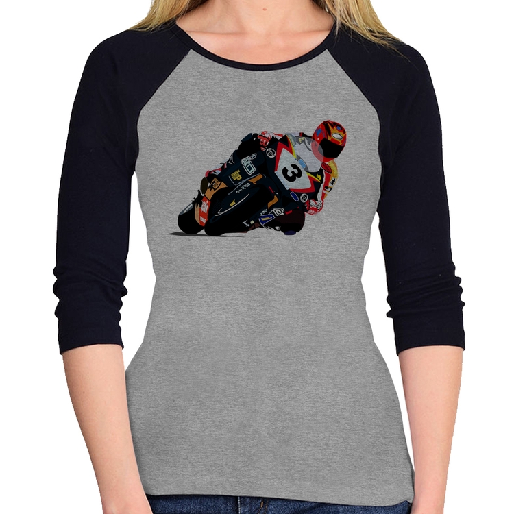Baby Look Raglan Motorcycle Racing Manga 3/4 - Cinza/Preto