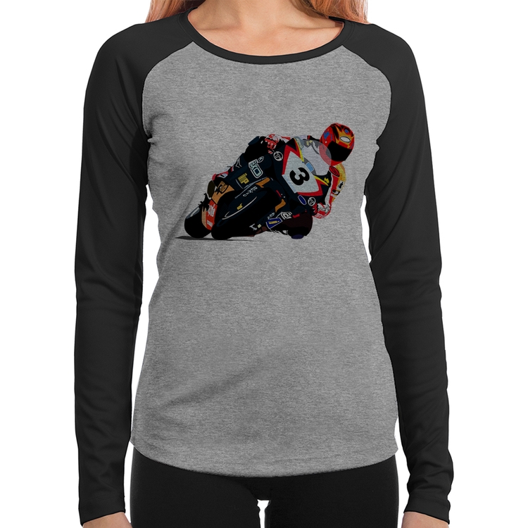 Baby Look Raglan Motorcycle Racing Manga Longa - Cinza/Preto