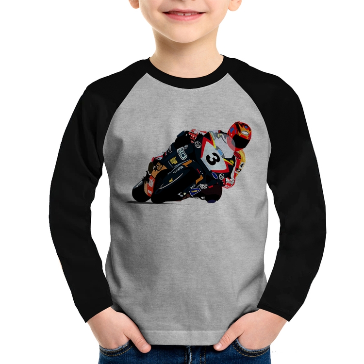 Camiseta Raglan Infantil Motorcycle Racing Manga Longa - Cinza/Preto