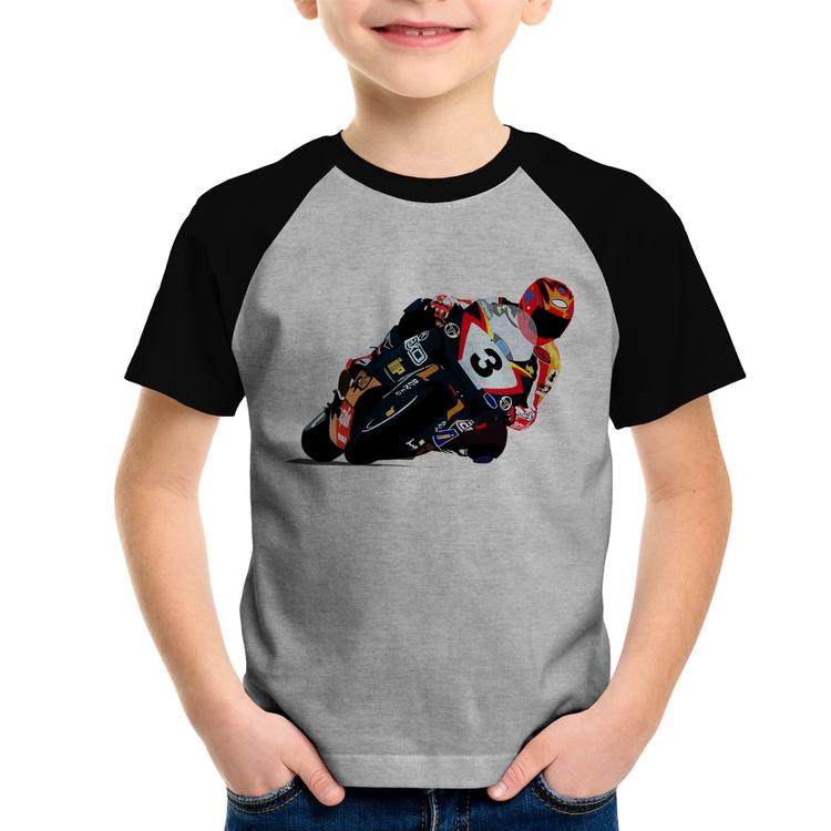 Camiseta Raglan Infantil Motorcycle Racing - Cinza/Preto