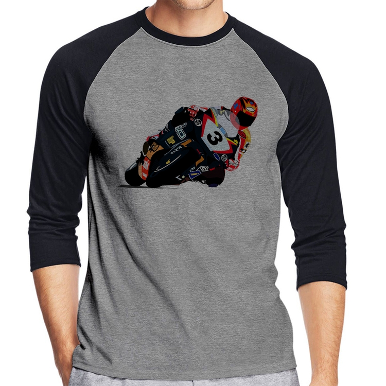 Camiseta Raglan Motorcycle Racing Manga 3/4 - Cinza/Preto