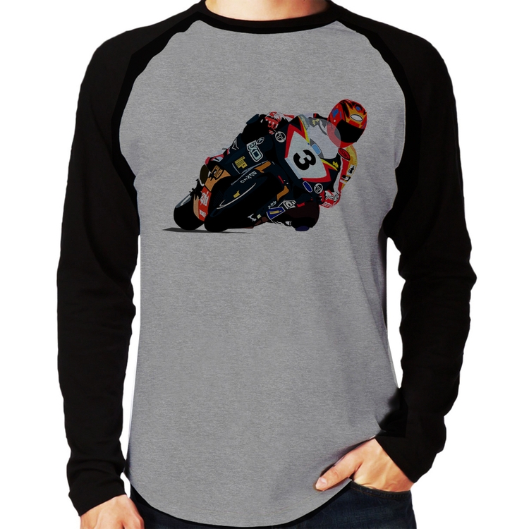 Camiseta Raglan Motorcycle Racing Manga Longa - Cinza/Preto