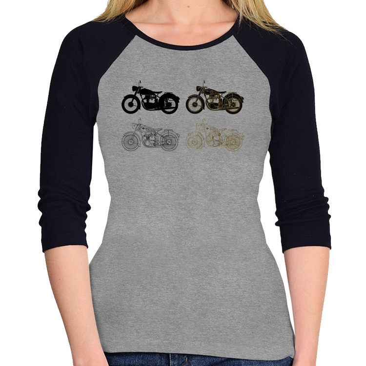 Baby Look Raglan Motorcycle Vector Manga 3/4 - Cinza/Preto