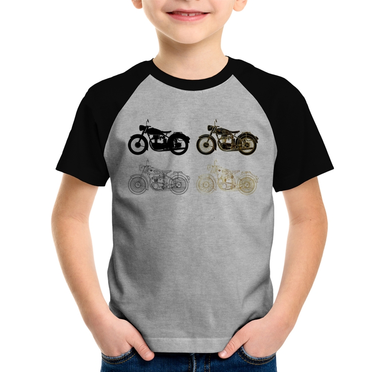 Camiseta Raglan Infantil Motorcycle Vector - Cinza/Preto