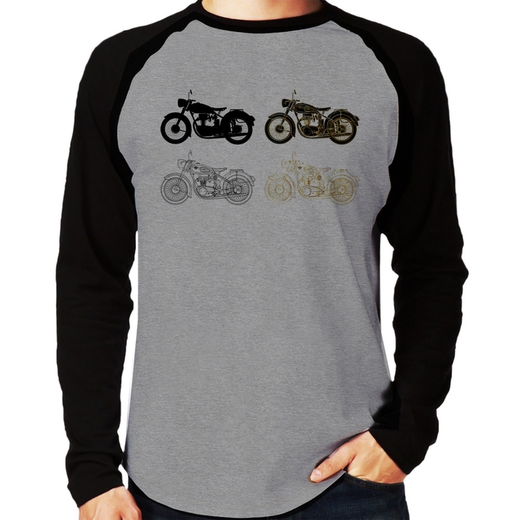 Camiseta Raglan Motorcycle Vector Manga Longa - Cinza/Preto