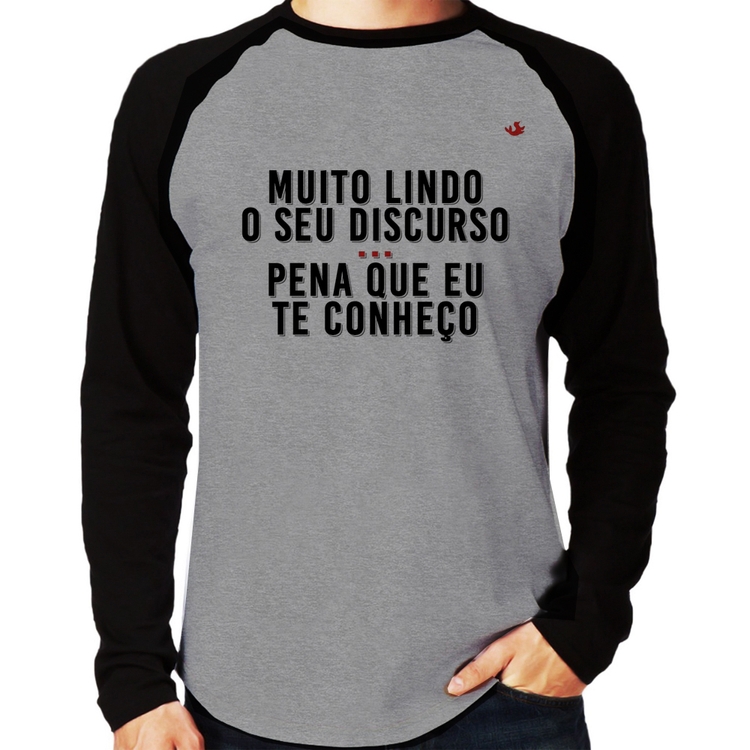 Camiseta Raglan Muito lindo o seu discurso Manga Longa - Cinza/Preto