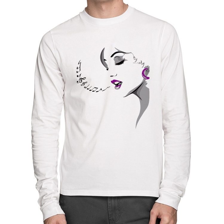 Camiseta Algodão Mulher Cantando Manga Longa - Branca