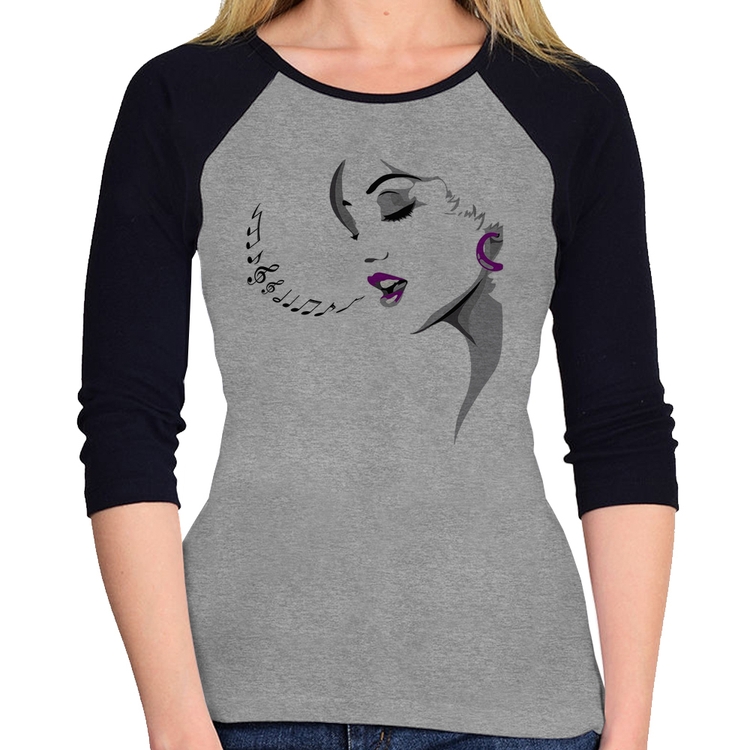 Baby Look Raglan Mulher Cantando Manga 3/4 - Cinza/Preto