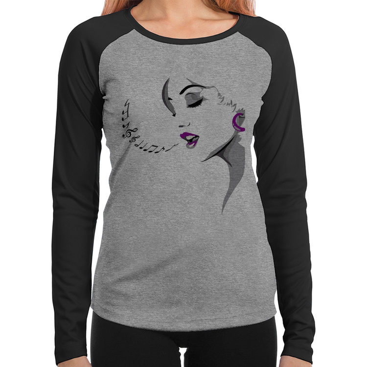 Baby Look Raglan Mulher Cantando Manga Longa - Cinza/Preto