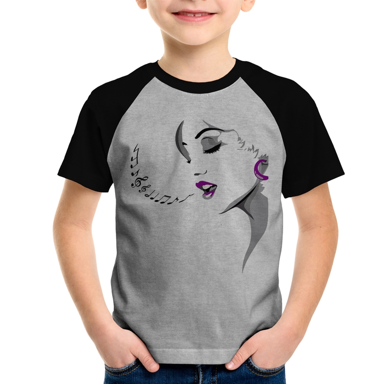 Camiseta Raglan Infantil Mulher Cantando - Cinza/Preto