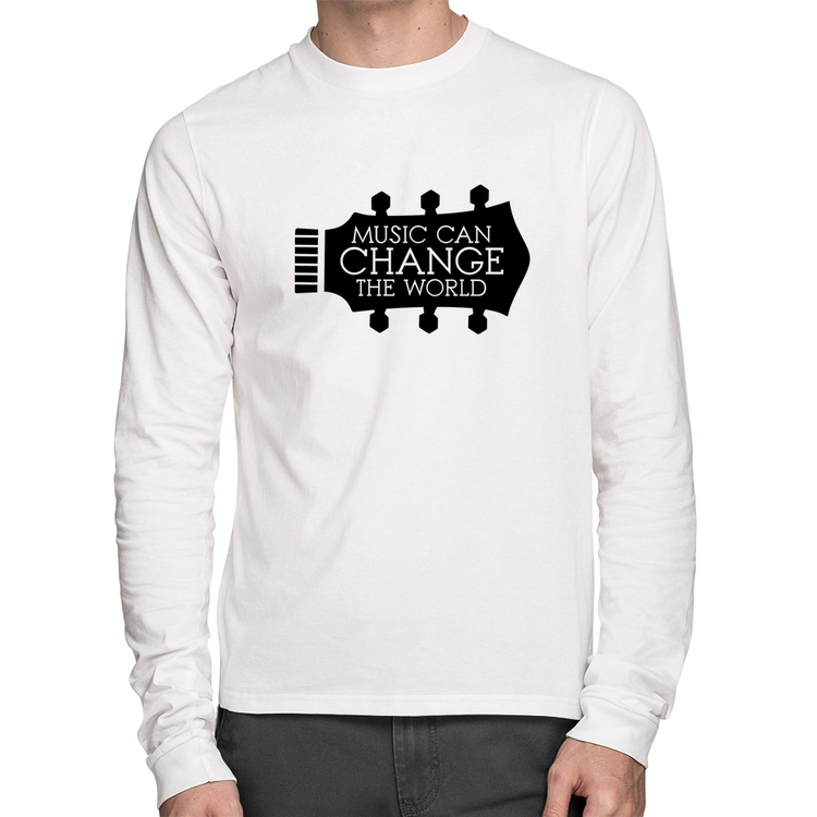 Camiseta Algodão Music Can Change The World Manga Longa - Branca