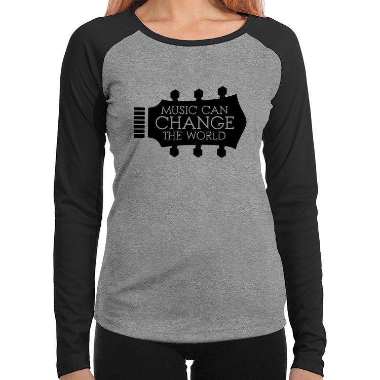 Baby Look Raglan Music Can Change The World Manga Longa - Cinza/Preto