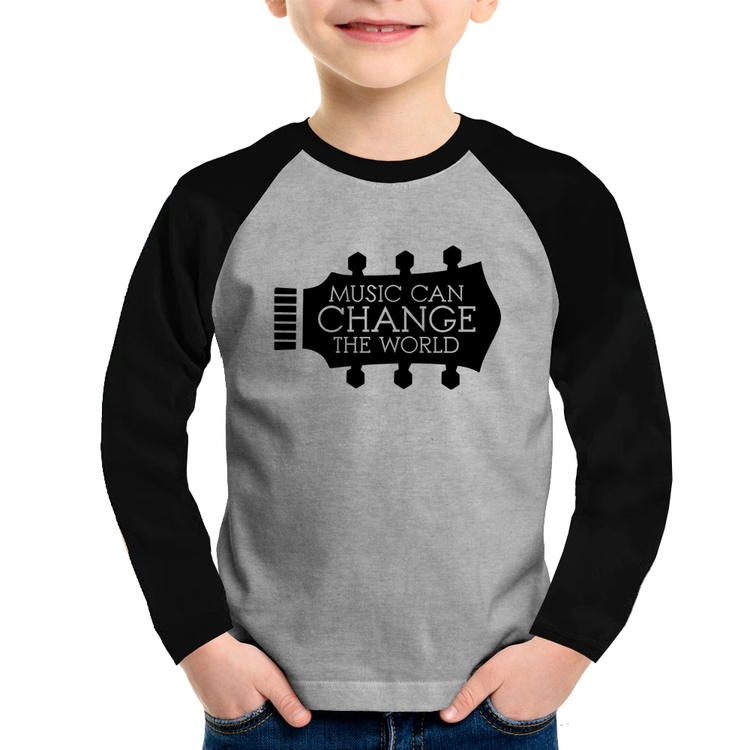Camiseta Raglan Infantil Music Can Change The World Manga Longa - Cinza/Preto