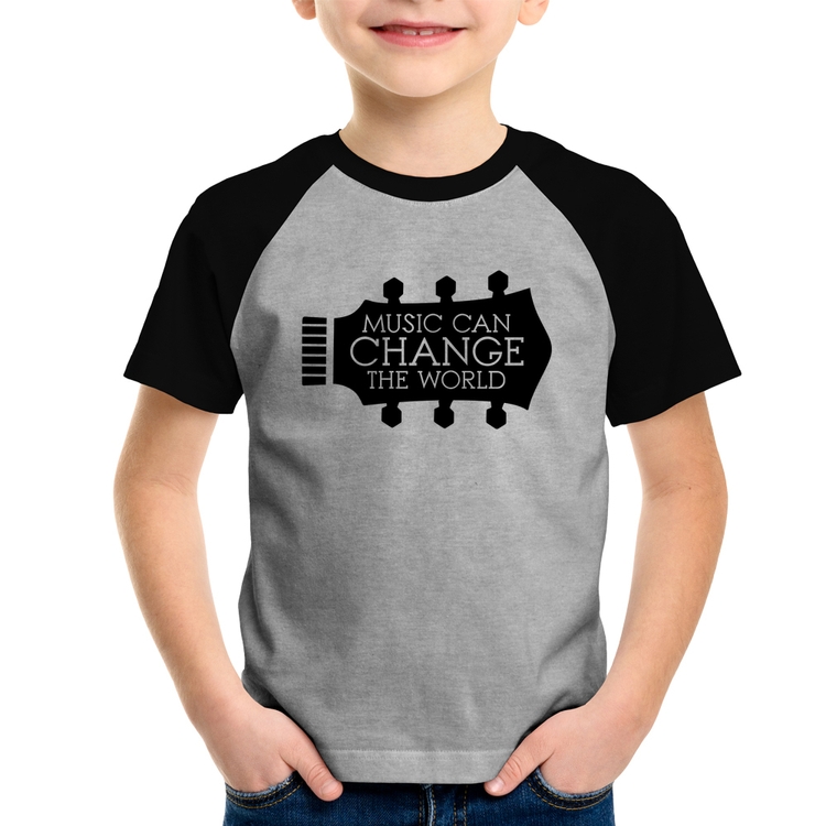Camiseta Raglan Infantil Music Can Change The World - Cinza/Preto