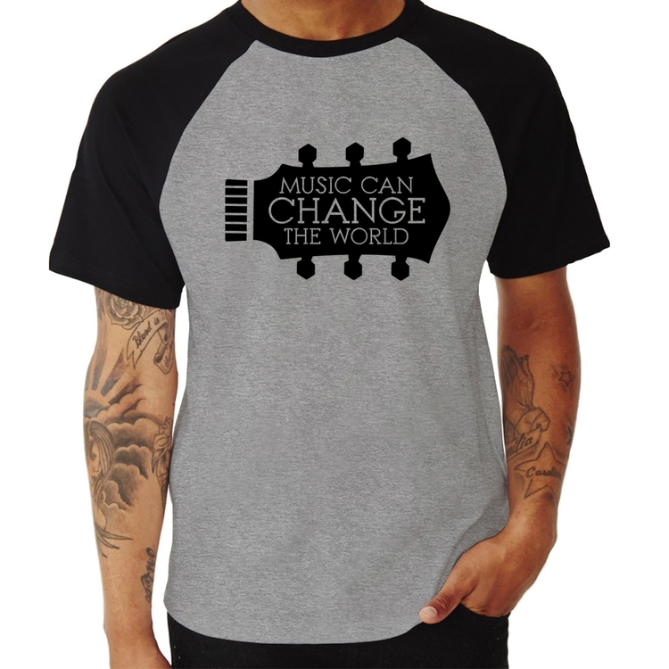Camiseta Raglan Music Can Change The World - Cinza/Preto