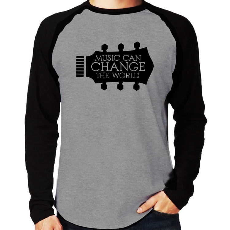Camiseta Raglan Music Can Change The World Manga Longa - Cinza/Preto