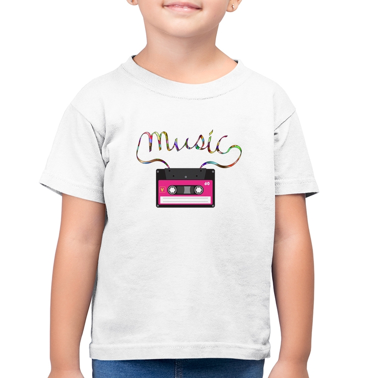 Camiseta Algodão Infantil Music Cassete Retrô - Branca