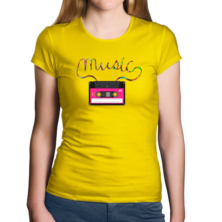 Baby Look Algodão Music Cassete Retrô - Amarela