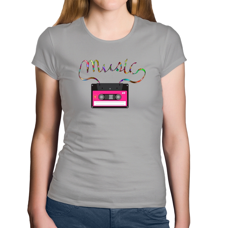 Baby Look Algodão Music Cassete Retrô - Cinza