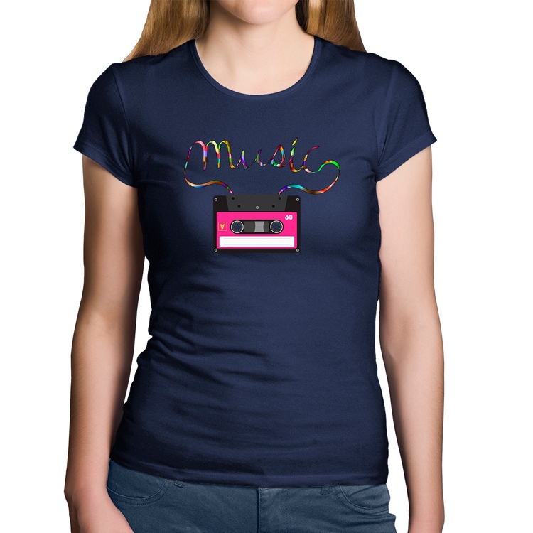 Baby Look Algodão Music Cassete Retrô - Marinho