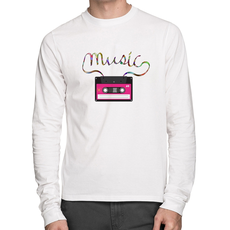 Camiseta Algodão Music Cassete Retrô Manga Longa - Branca