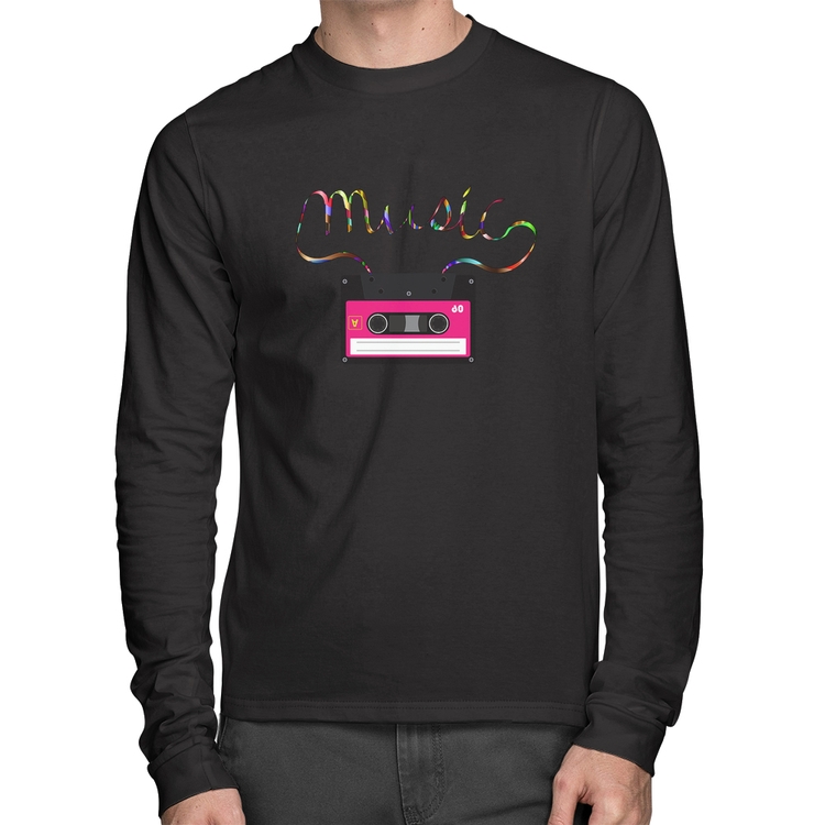 Camiseta Algodão Music Cassete Retrô Manga Longa