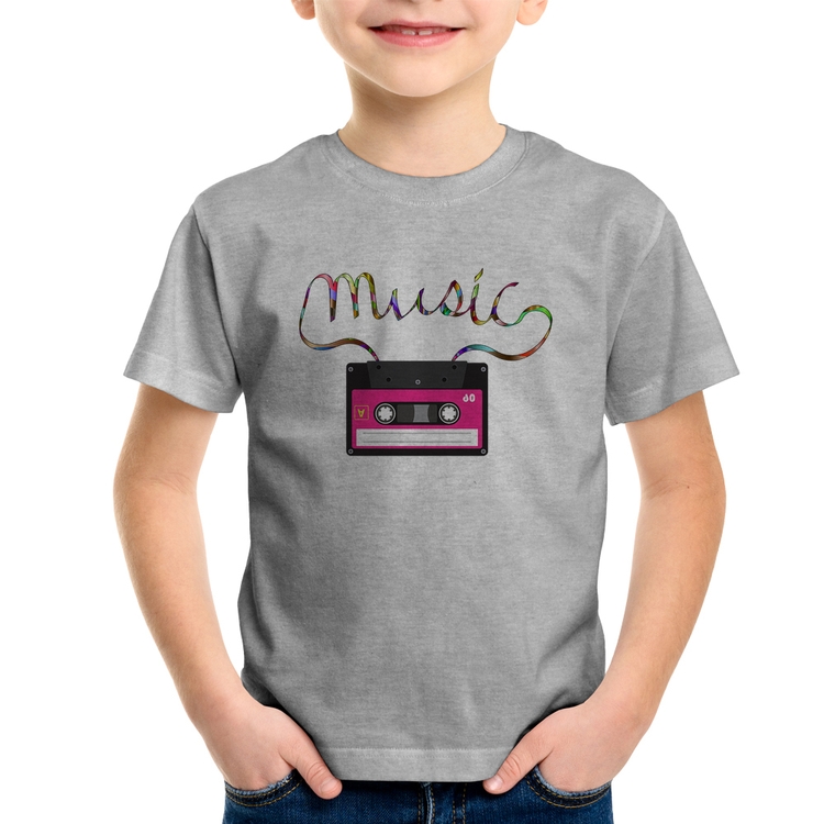 Camiseta Infantil Music Cassete Retrô - Cinza