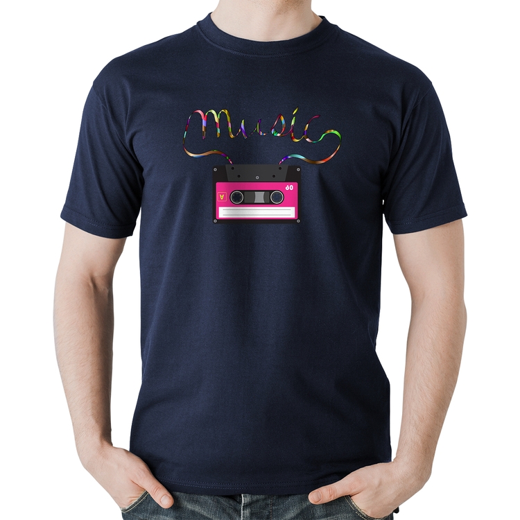 Camiseta Algodão Music Cassete Retrô - Marinho